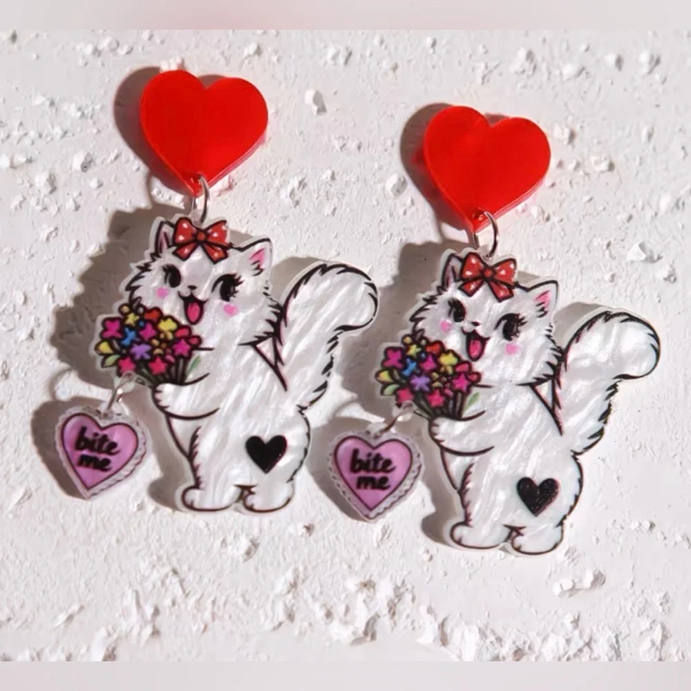 BITE ME BABY 💘 Acrylic Sassy Kitty Cat Statement Earrings - Picture 10 of 10